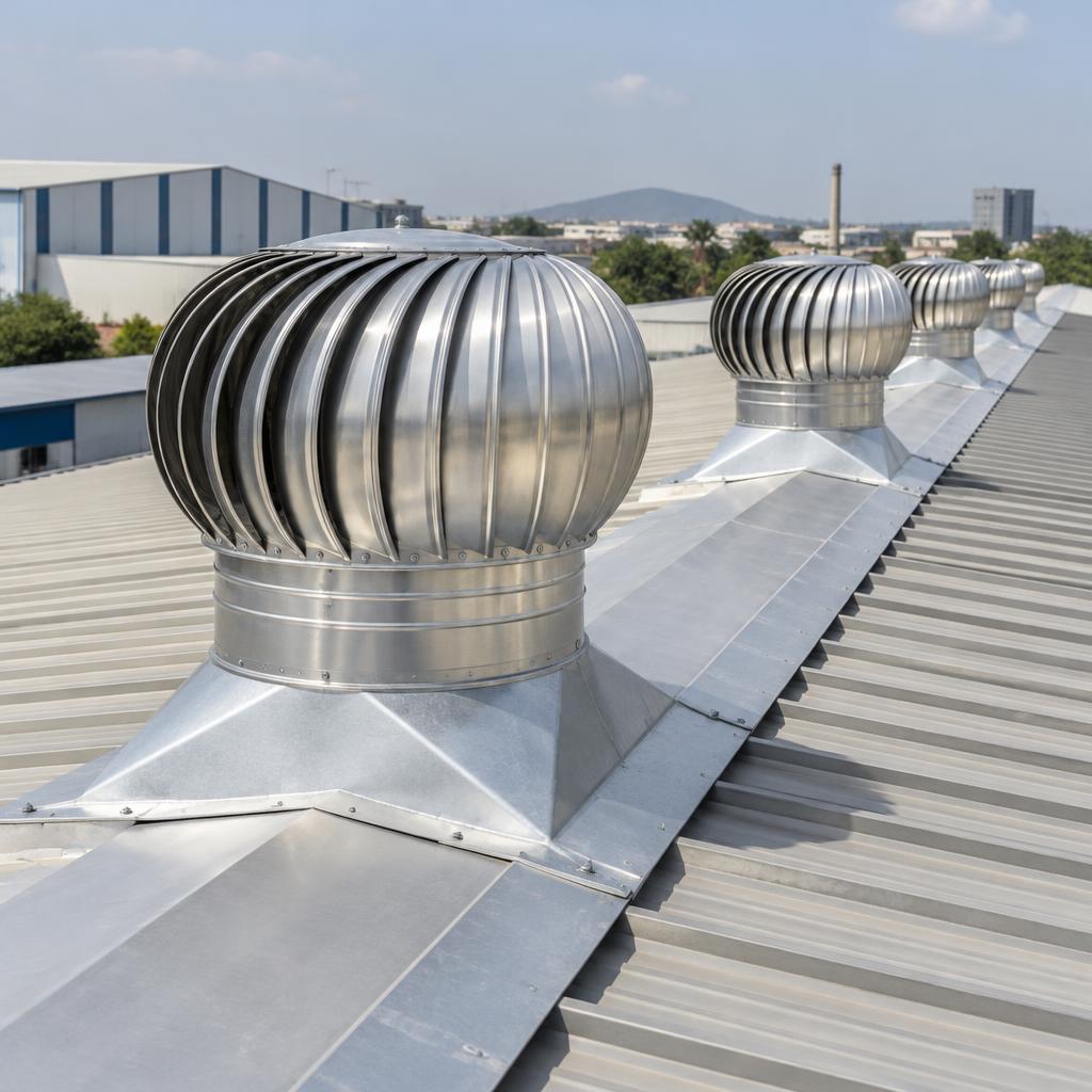 Metal roof ventilators installed on a factory roof
