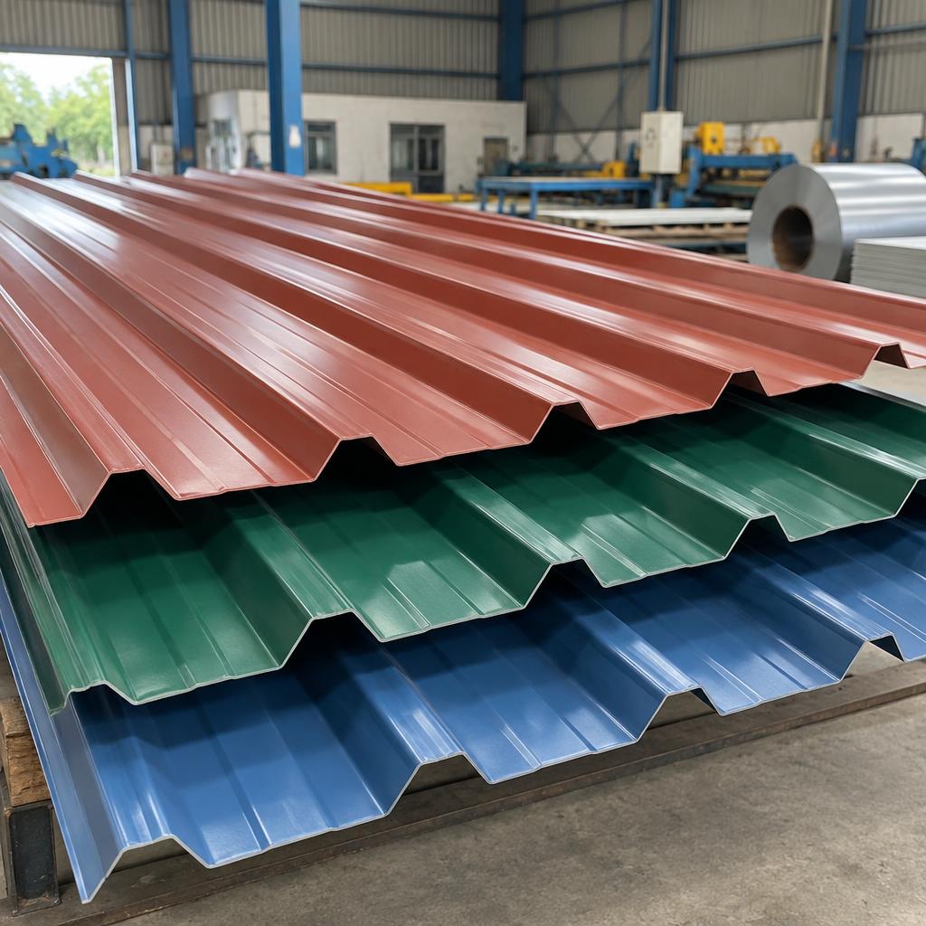 Colour-coated roofing sheets in red, green and blue
