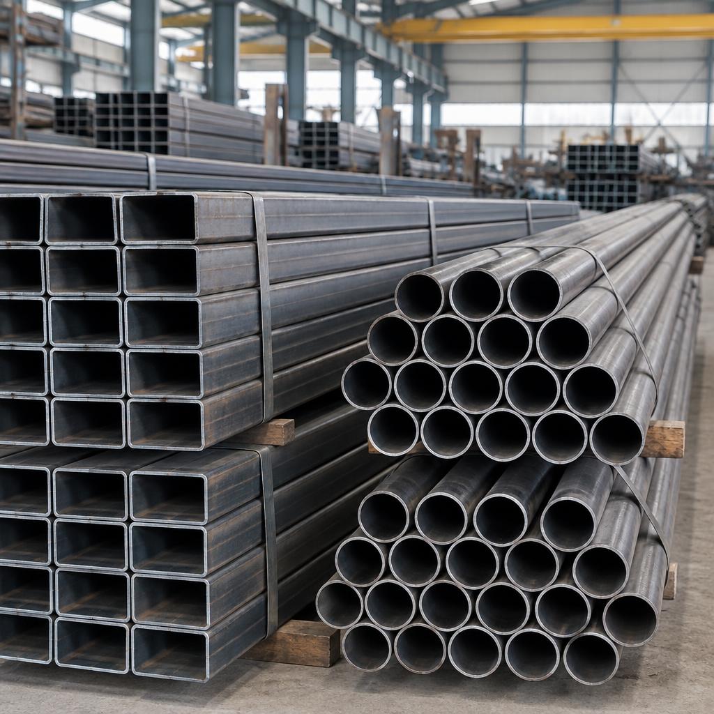 Bundles of mild steel pipes in a warehouse